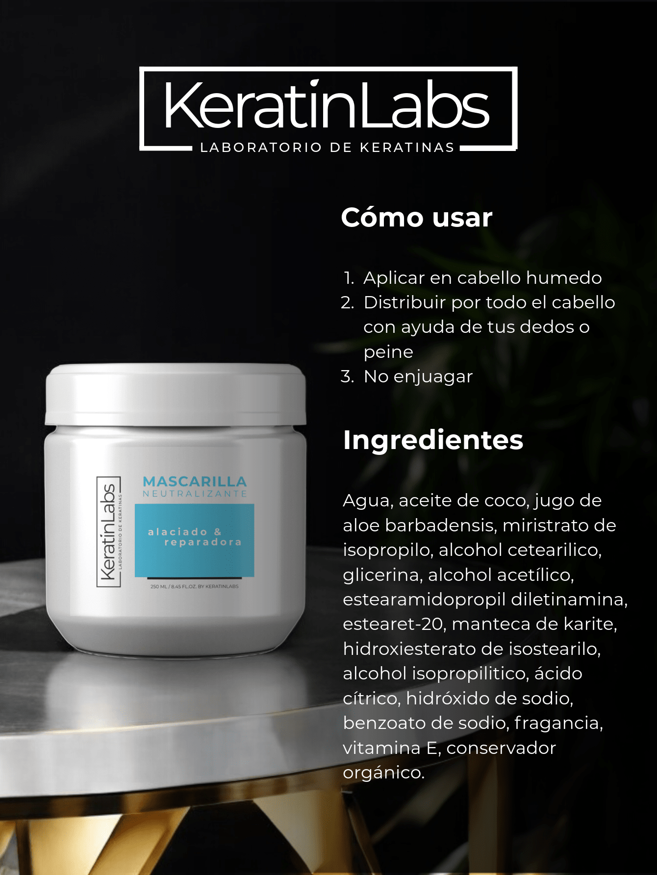 KeratinLabs Mascarilla neutralizante para alaciar y reparar el cabello brindando hidratación para mujer