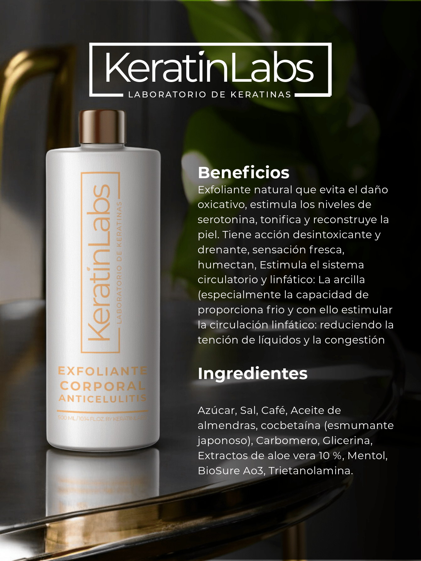 KeratinLabs Exfoliante corporal anticelulitis natural estimula los niveles de serotonina, tonifica y reconstruye la piel