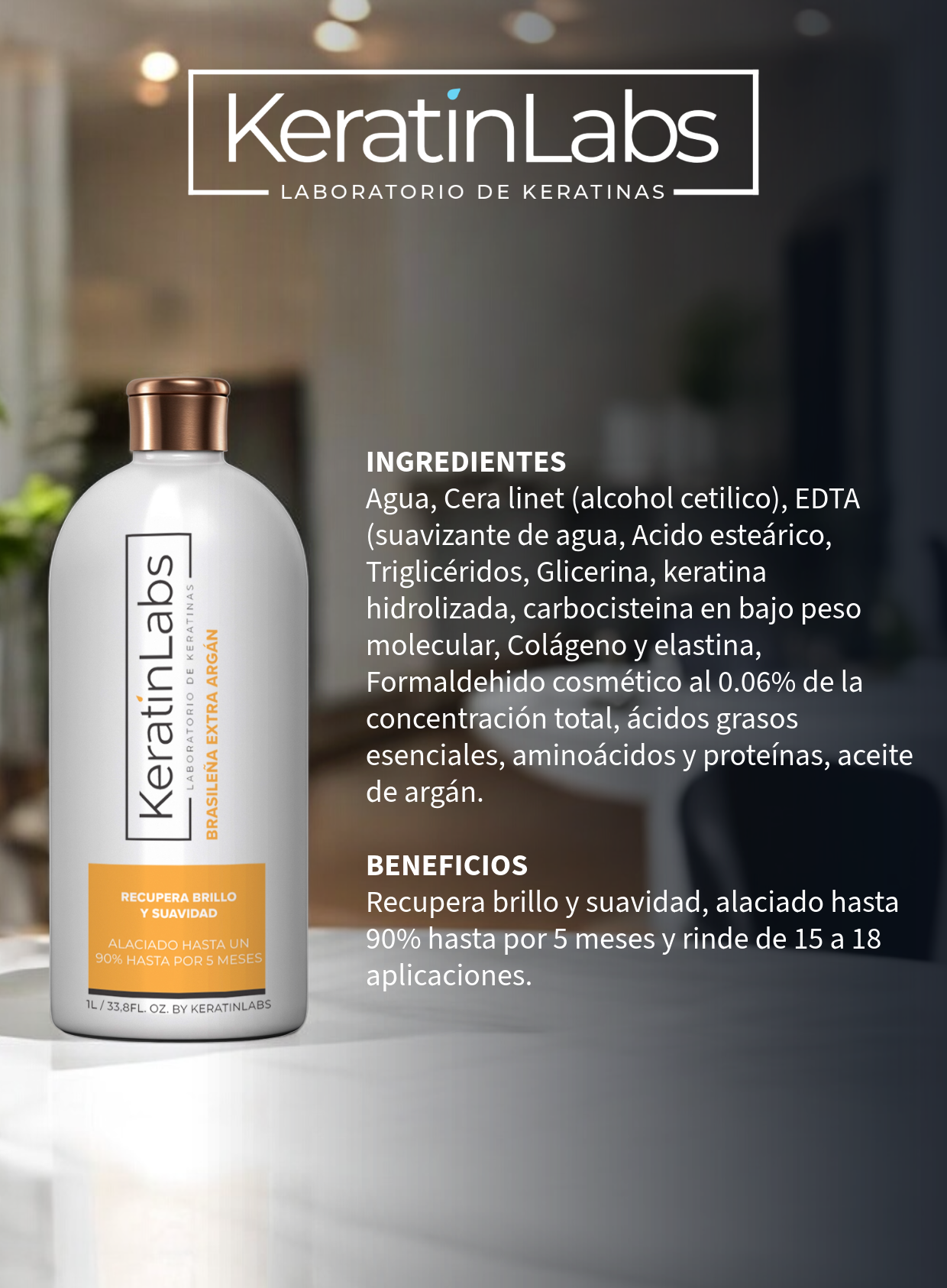 KeratinLabs Brasileña extra argán recupera el brillo y suavidad alaciado hasta 90% hasta por 5 meses (1 a 4 Litros)